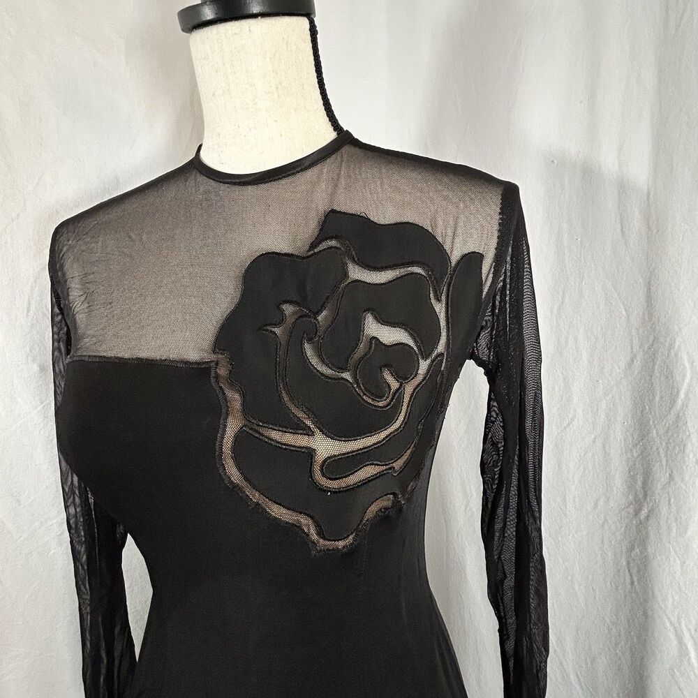Vtg Caché Rose Applique Black Mesh Bodycon Mini Dress 80s 90s USA Made Size XS - Picture 7 of 15